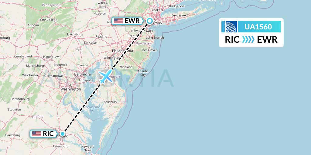 UA1560 United Airlines Flight Map: Richmond to New York