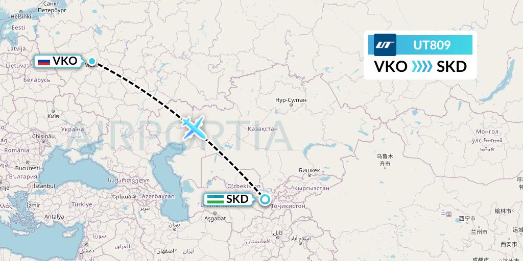 UT809 UTair Flight Map: Moscow to Samarkand