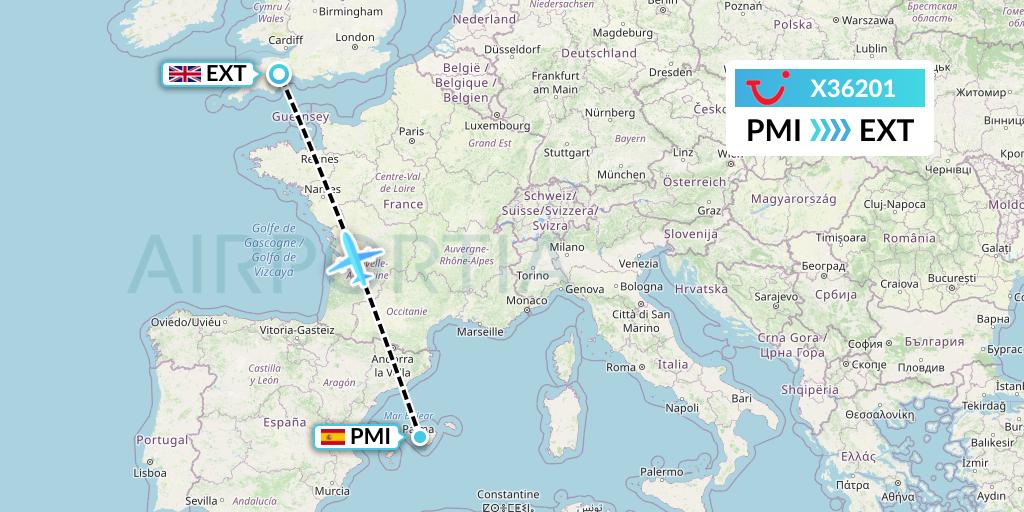 X36201 TUI fly Germany Flight Map: Palma de Mallorca to Exeter