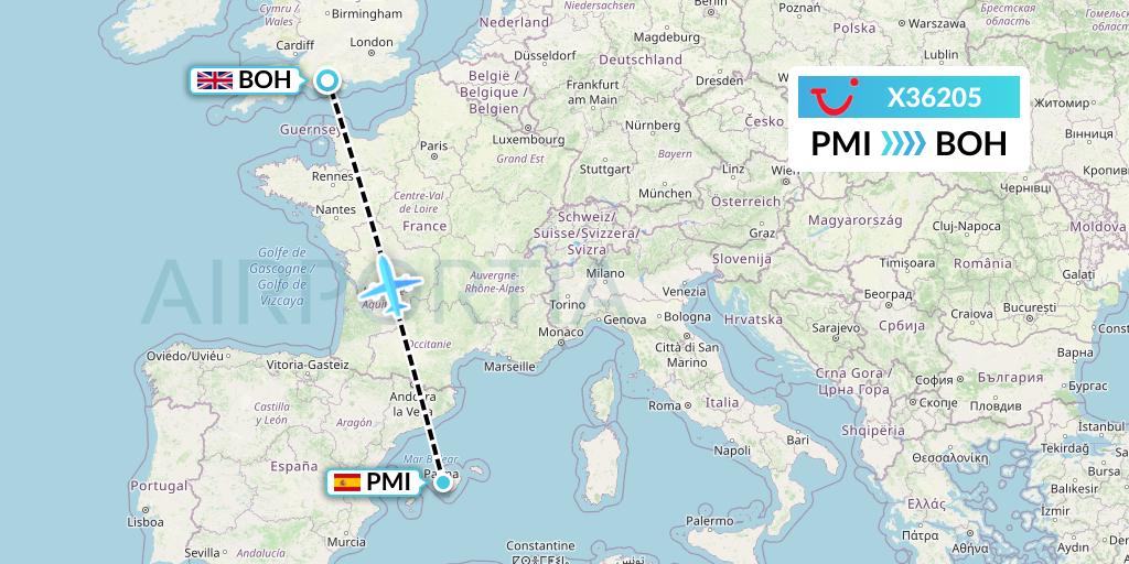 X36205 TUI fly Germany Flight Map: Palma de Mallorca to Bournemouth