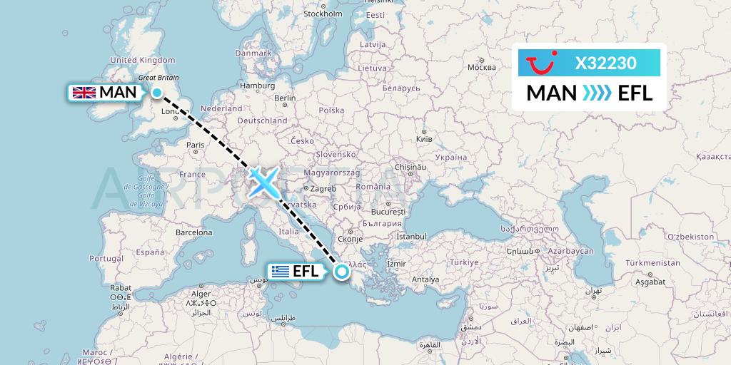 X32230 TUI fly Germany Flight Map: Manchester to Kefalonia