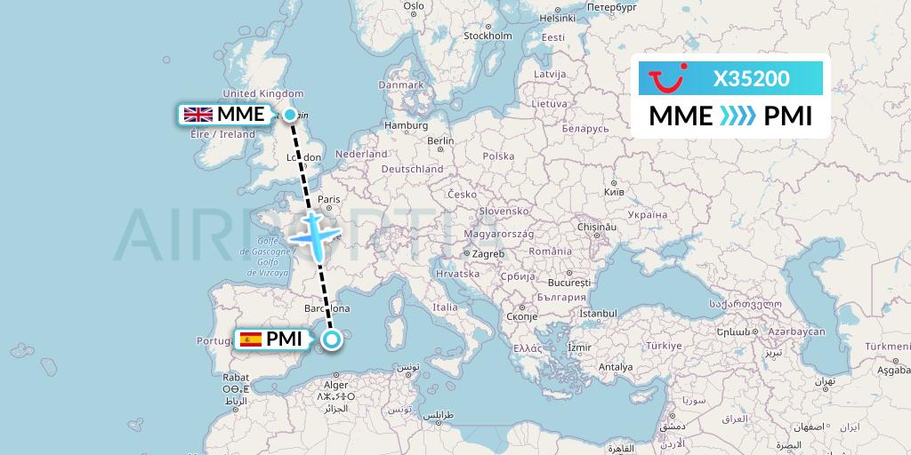 X35200 TUI fly Germany Flight Map: Darlington to Palma de Mallorca