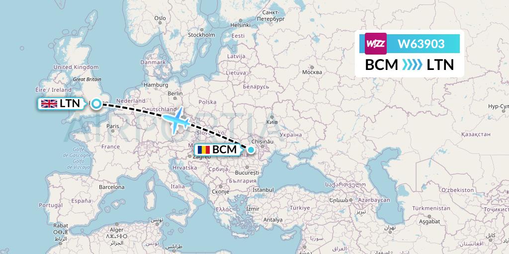 W63903 Wizz Air Flight Map: Bacau to London