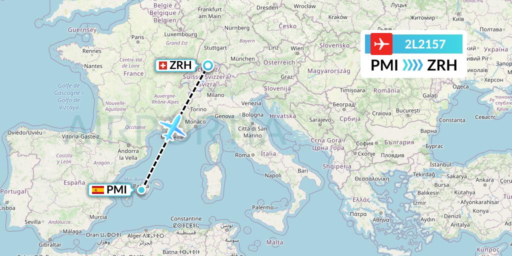 2L2157 Helvetic Airways Flight Map: Palma de Mallorca to Zurich