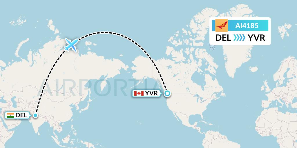 AI4185 Air India Flight Map: Delhi to Vancouver