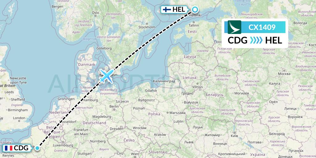 CX1409 Cathay Pacific Flight Map: Paris to Helsinki
