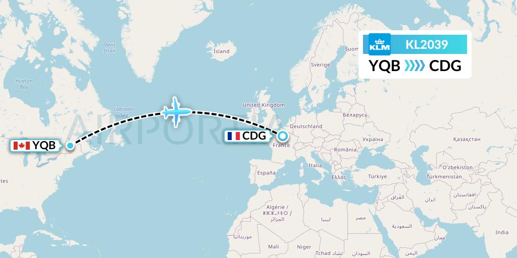 KL2039 KLM Flight Map: Quebec to Paris