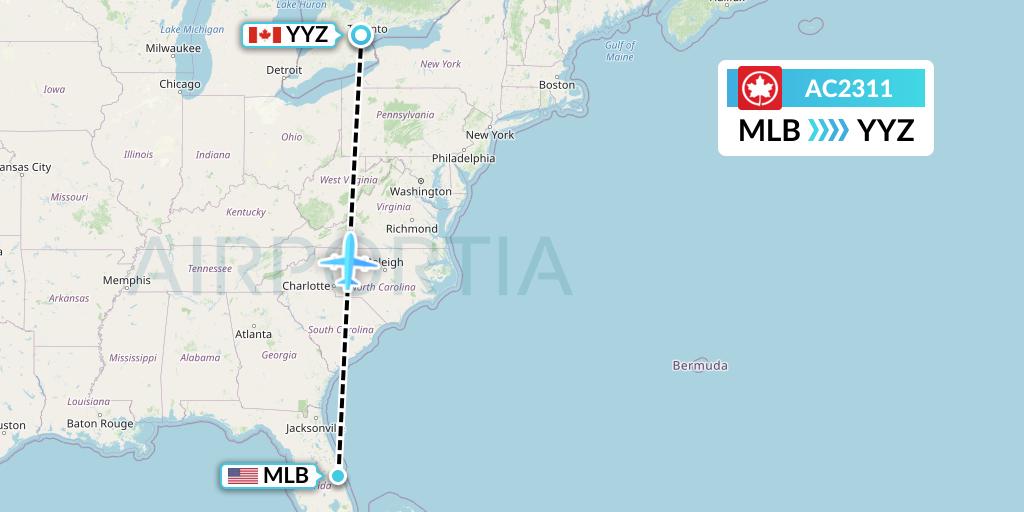 AC2311 Air Canada Flight Map: Melbourne to Toronto