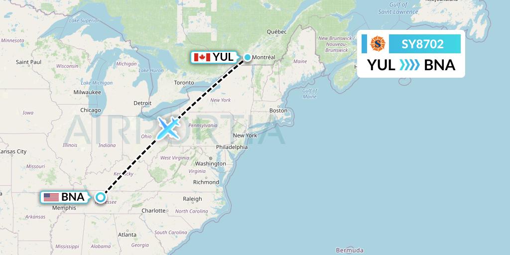 SY8702 Sun Country Airlines Flight Map: Montreal to Nashville