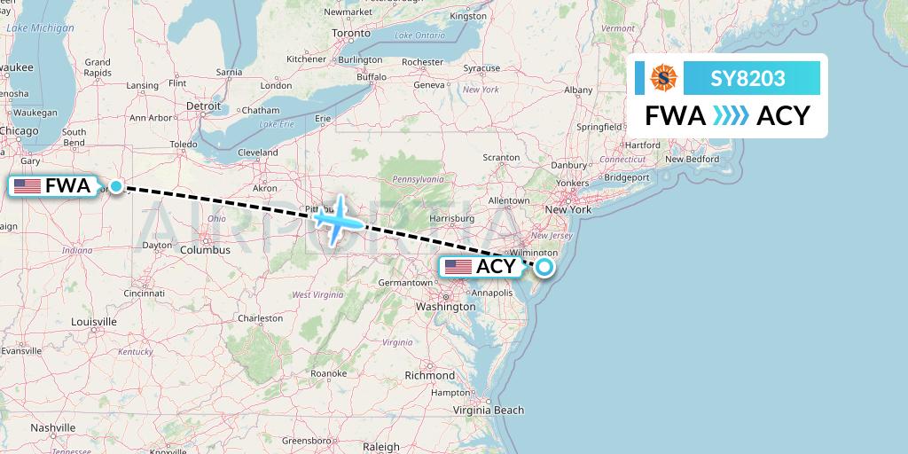 SY8203 Sun Country Airlines Flight Map: Fort Wayne to Atlantic City