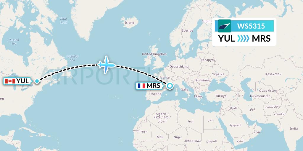WS5315 WestJet Flight Map: Montreal to Marseille