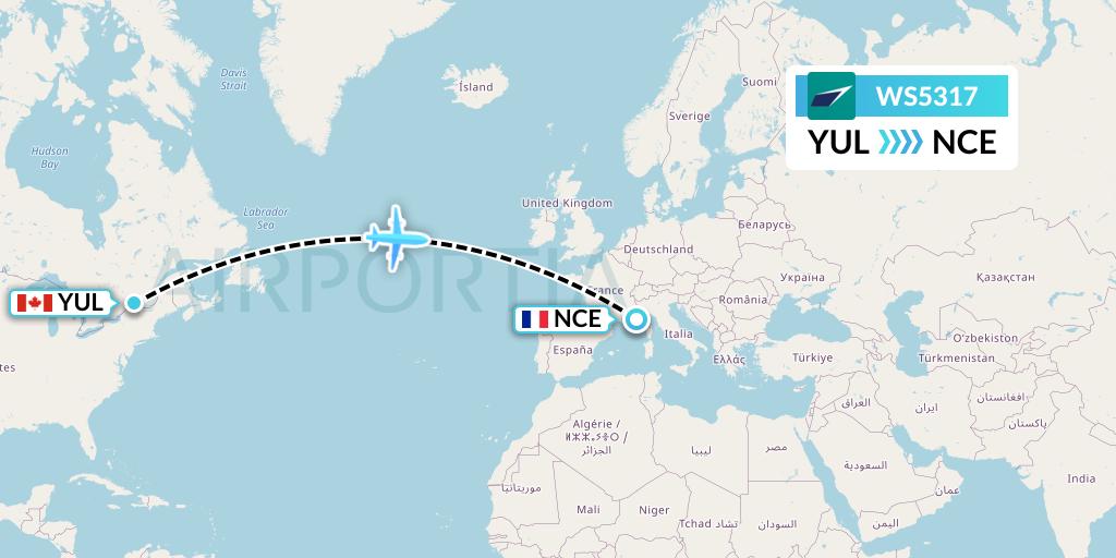 WS5317 WestJet Flight Map: Montreal to Nice