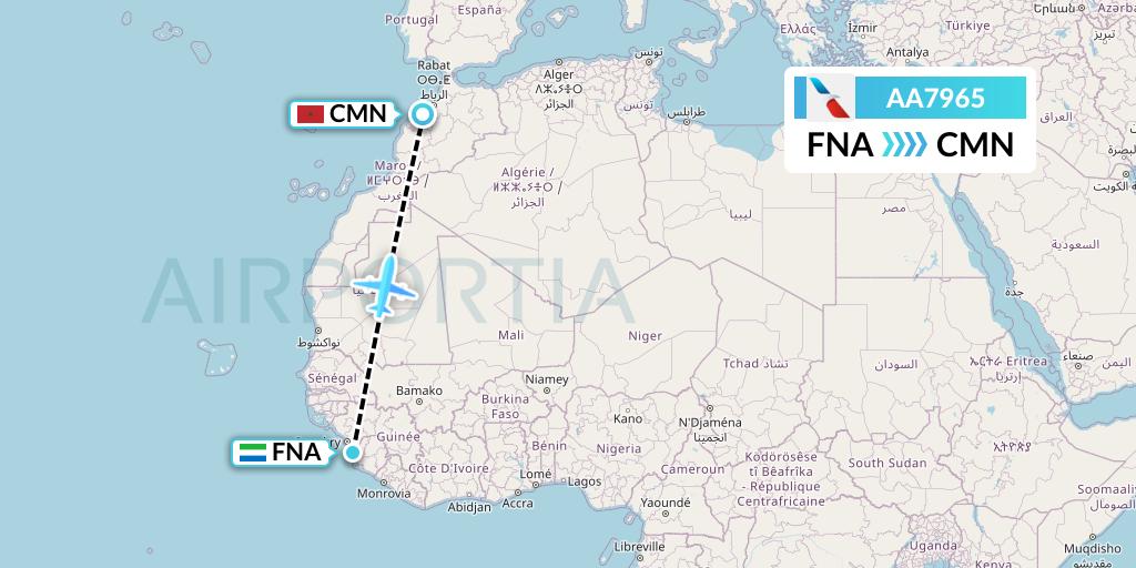 AA7965 American Airlines Flight Map: Freetown to Casablanca
