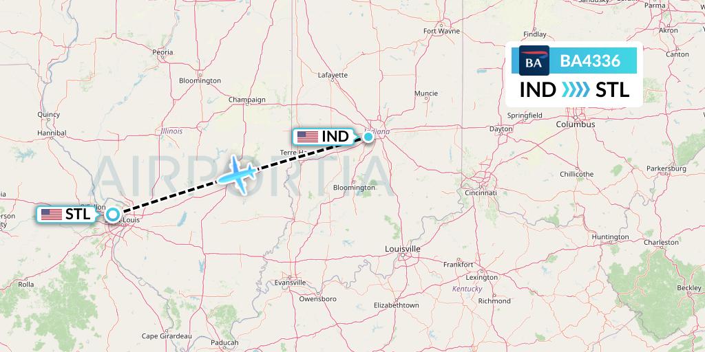 BA4336 British Airways Flight Map: Indianapolis to St. Louis