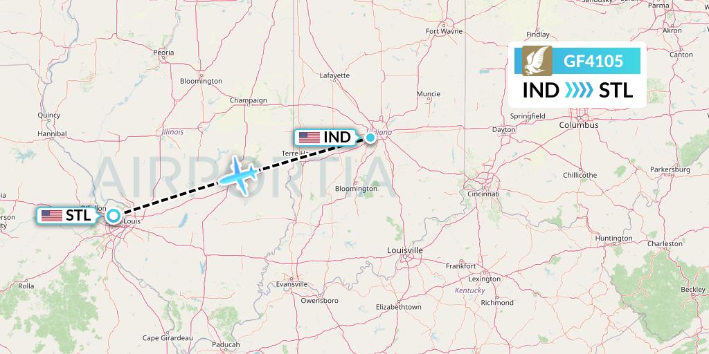 GF4105 Gulf Air Flight Map: Indianapolis to St. Louis