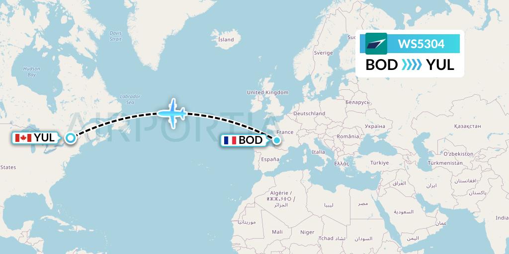 WS5304 WestJet Flight Map: Bordeaux to Montreal