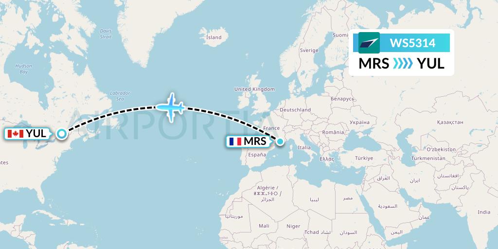 WS5314 WestJet Flight Map: Marseille to Montreal