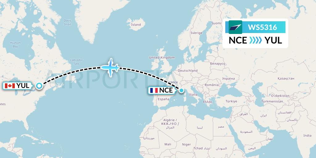 WS5316 WestJet Flight Map: Nice to Montreal