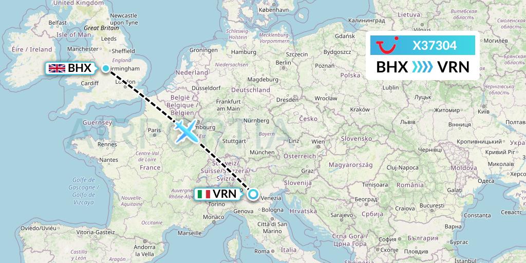 X37304 TUI fly Germany Flight Map: Birmingham to Verona