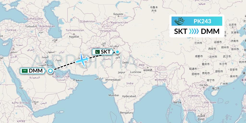 PK243 Pakistan International Airlines Flight Map: Sialkot to Dammam