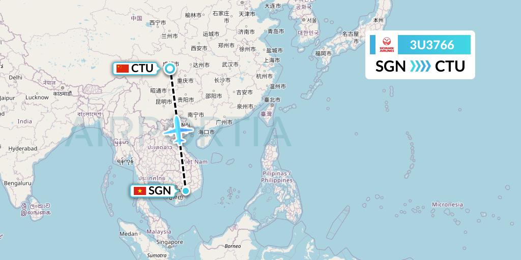 3U3766 Sichuan Airlines Flight Map: Ho Chi Minh City to Chengdu
