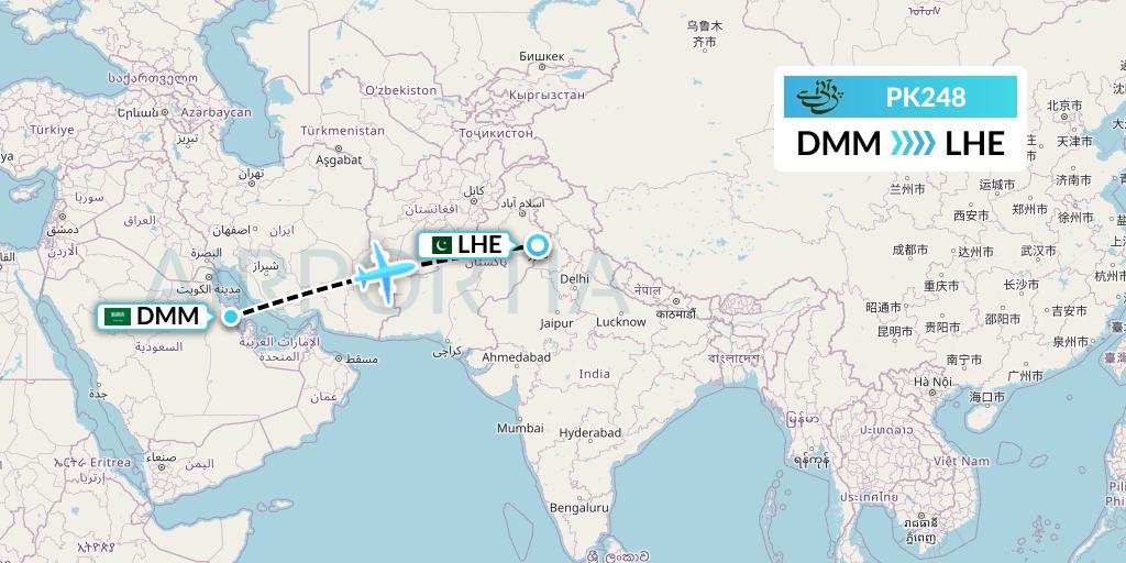 PK248 Pakistan International Airlines Flight Map: Dammam to Lahore