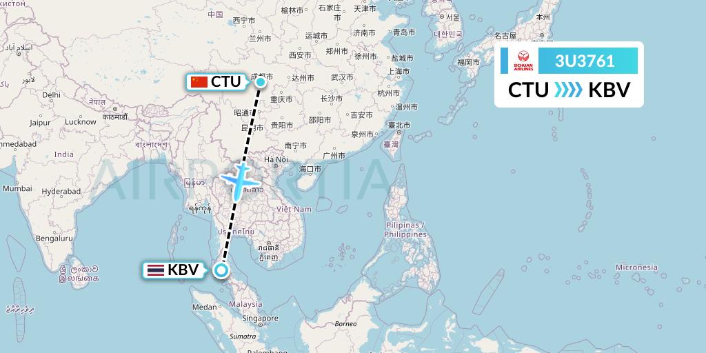 3U3761 Sichuan Airlines Flight Map: Chengdu to Krabi