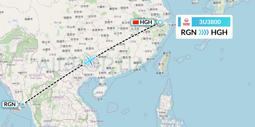 3U3800 Sichuan Airlines Flight Map: Yangon to Hangzhou