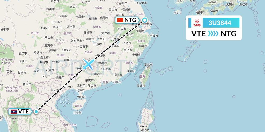 3U3844 Sichuan Airlines Flight Map: Vientiane to Nantong