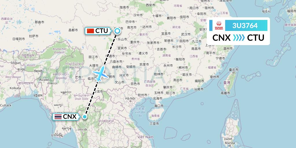 3U3764 Sichuan Airlines Flight Map: Chiang Mai to Chengdu