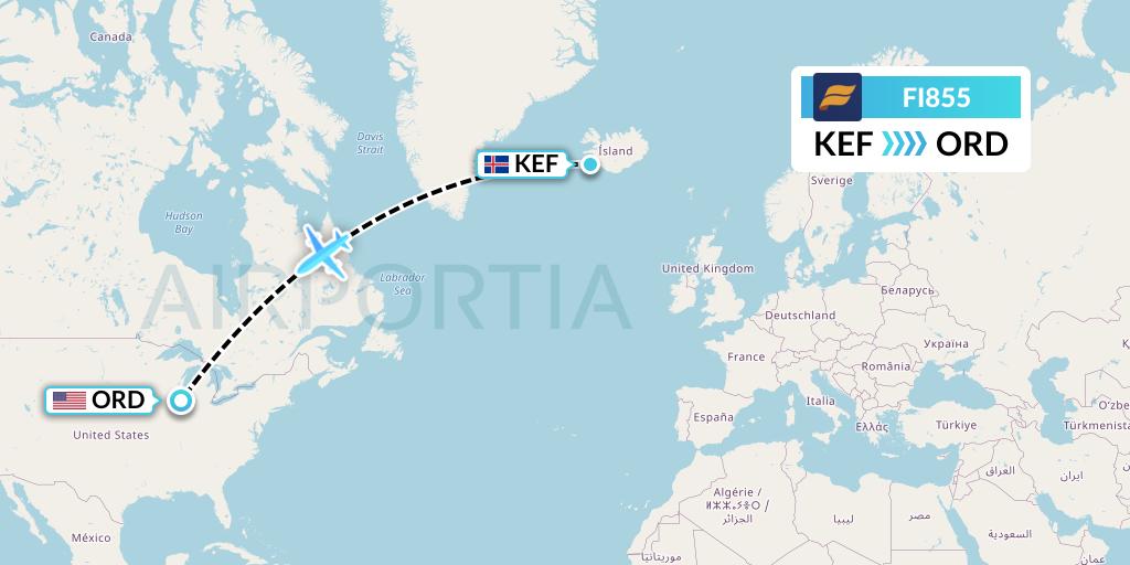 FI855 Icelandair Flight Map: Reykjavik to Chicago