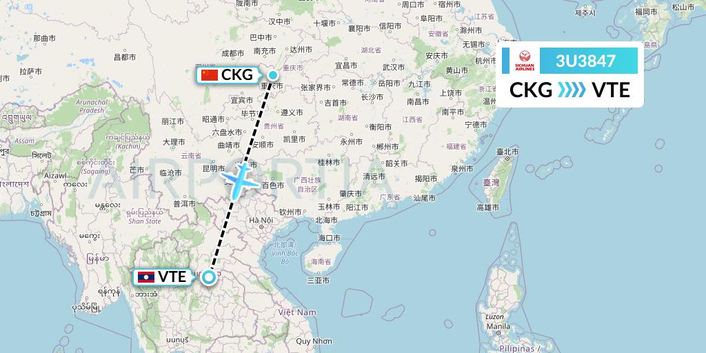 3U3847 Sichuan Airlines Flight Map: Chongqing to Vientiane