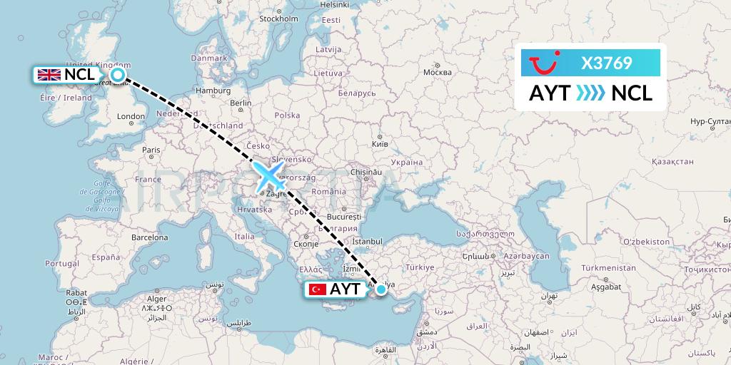 X3769 TUI fly Germany Flight Map: Antalya to Newcastle