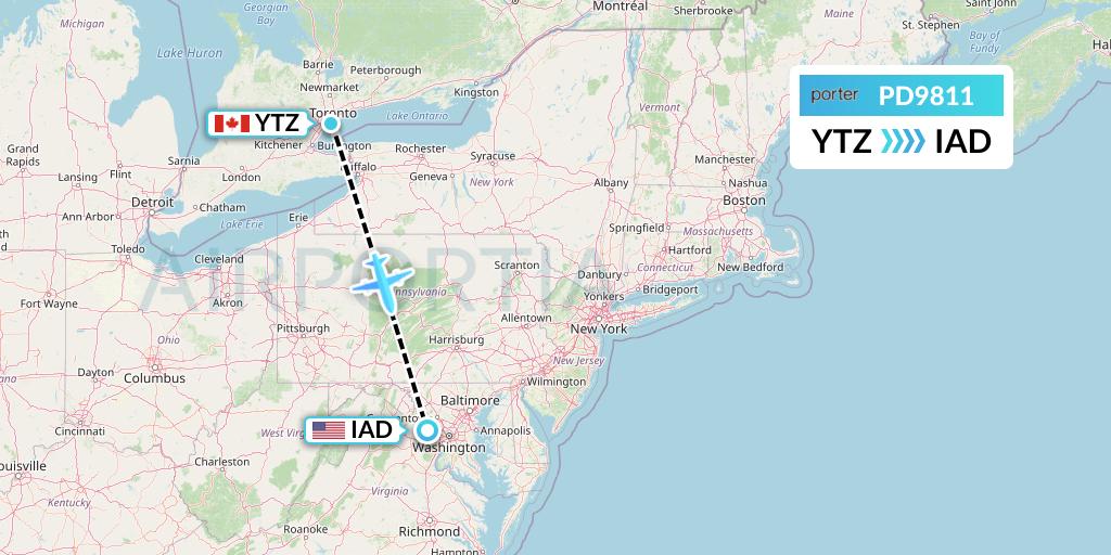 PD9811 Porter Airlines Flight Map: Toronto to Washington