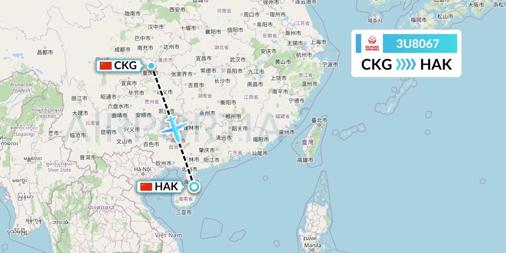 3U8067 Sichuan Airlines Flight Map: Chongqing to Haikou