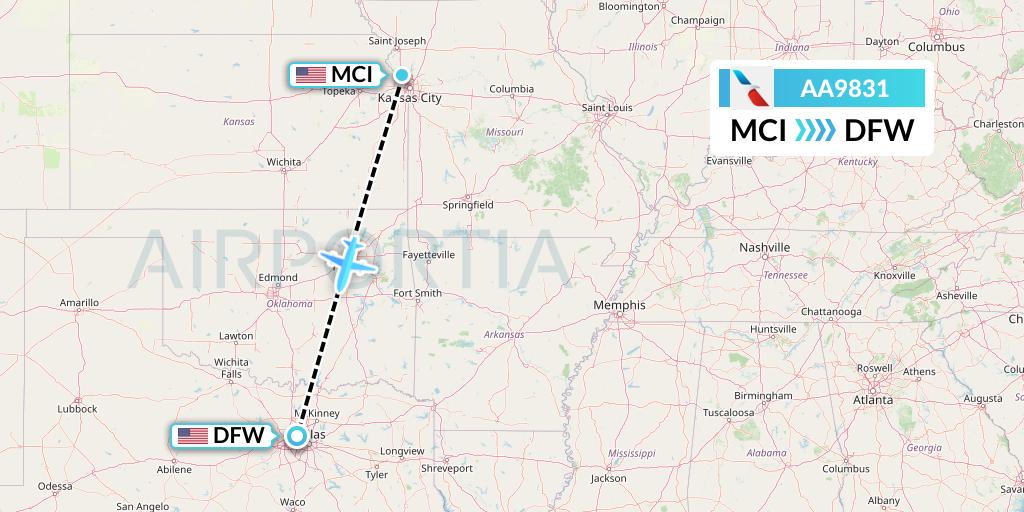 AA9831 American Airlines Flight Map: Kansas City to Dallas