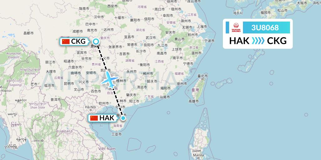 3U8068 Sichuan Airlines Flight Map: Haikou to Chongqing