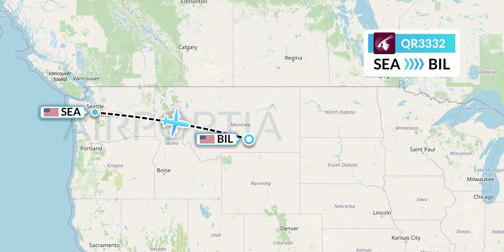 QR3332 Qatar Airways Flight Map: Seattle to Billings