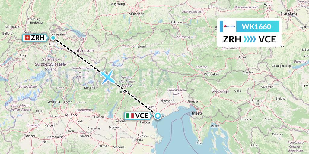 WK1660 Edelweiss Air Flight Map: Zurich to Venice