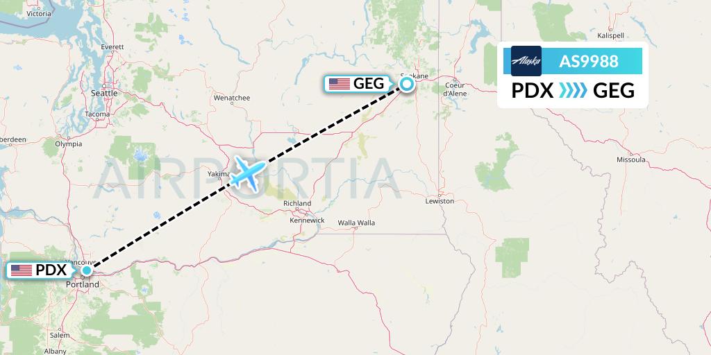AS9988 Alaska Airlines Flight Map: Portland to Spokane