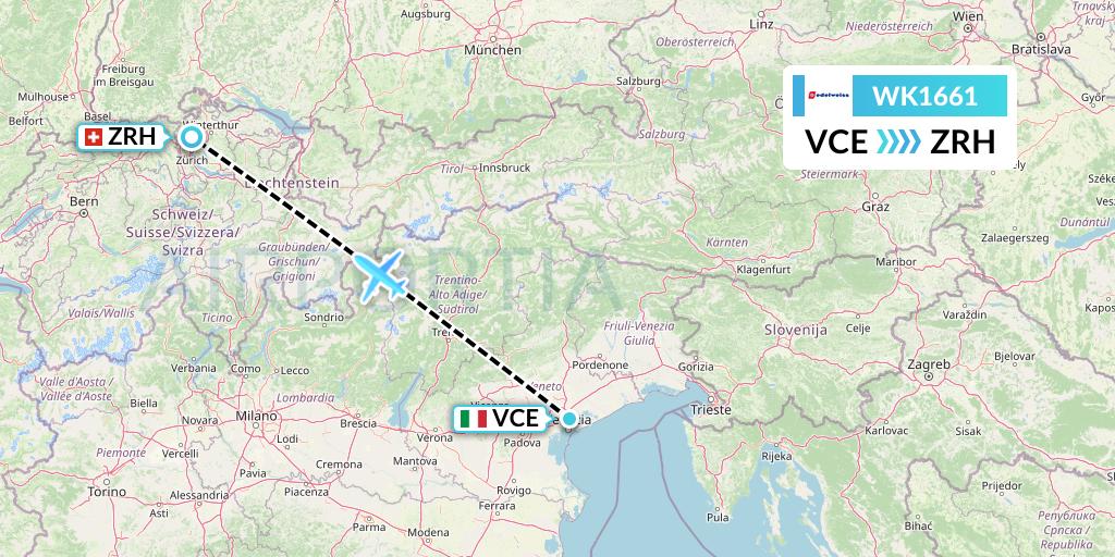 WK1661 Edelweiss Air Flight Map: Venice to Zurich
