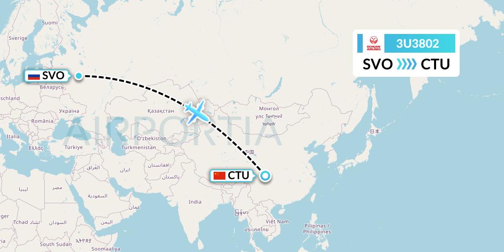3U3802 Sichuan Airlines Flight Map: Moscow to Chengdu