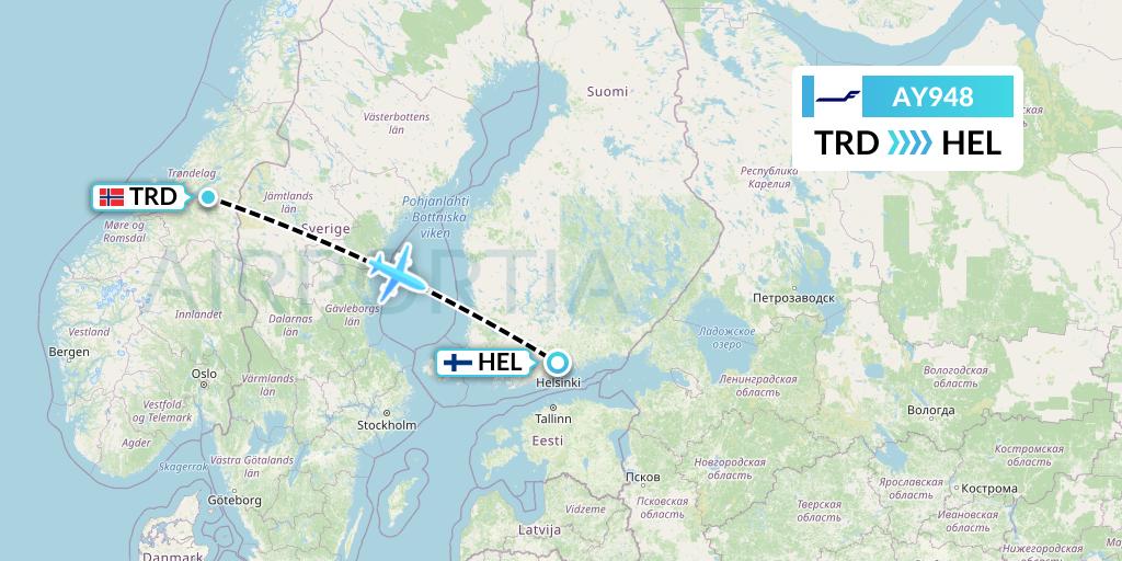AY948 Finnair Flight Map: Trondheim to Helsinki