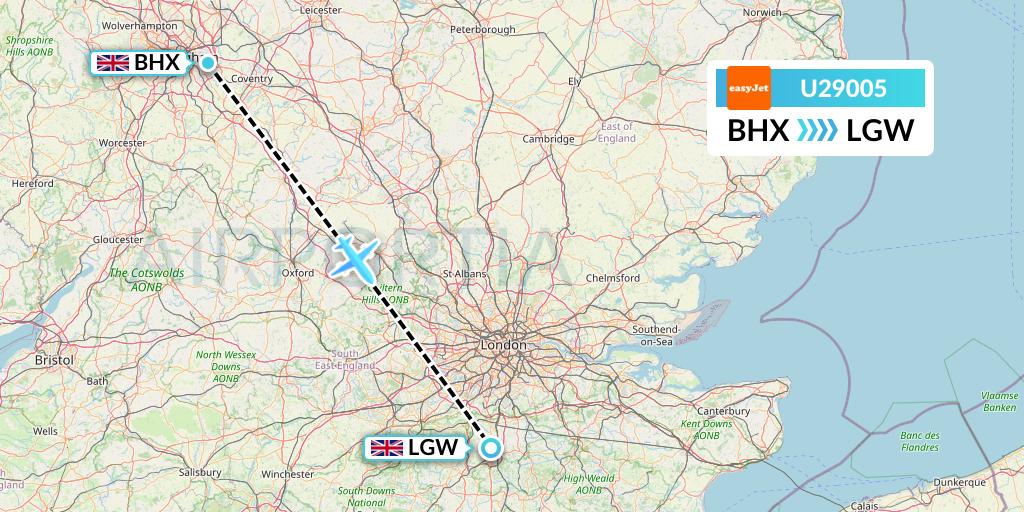 U29005 EasyJet Flight Map: Birmingham to London