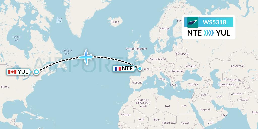 WS5318 WestJet Flight Map: Nantes to Montreal