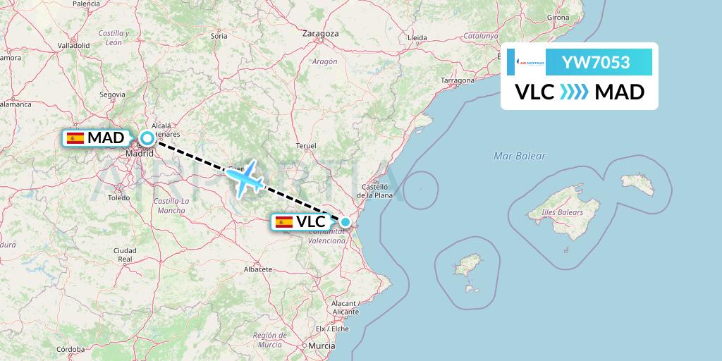 YW7053 Air Nostrum Flight Map: Valencia to Madrid