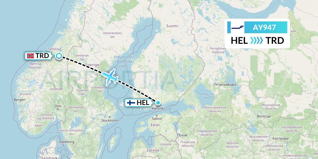 AY947 Finnair Flight Map: Helsinki to Trondheim
