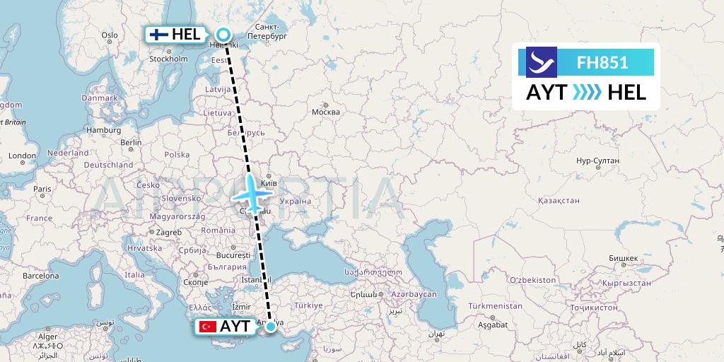 FH851 Freebird Airlines Flight Map: Antalya to Helsinki