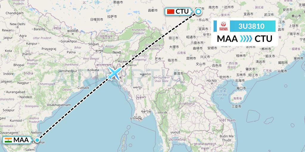 3U3810 Sichuan Airlines Flight Map: Chennai to Chengdu