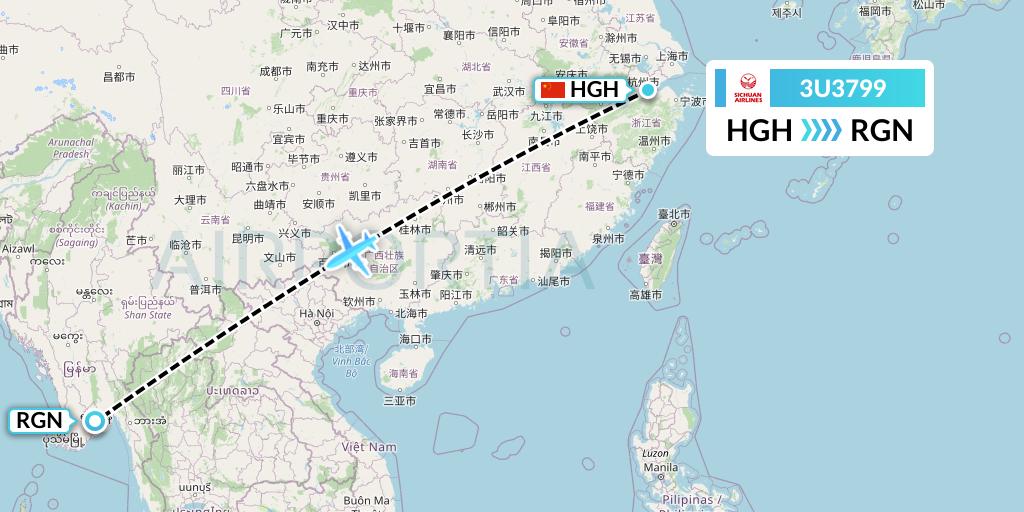 3U3799 Sichuan Airlines Flight Map: Hangzhou to Yangon